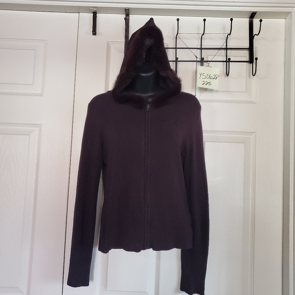 BCBG Brown Knit Sweater With Faux‎ Fur Hoodie Full Zip Long Sleeves Size Small